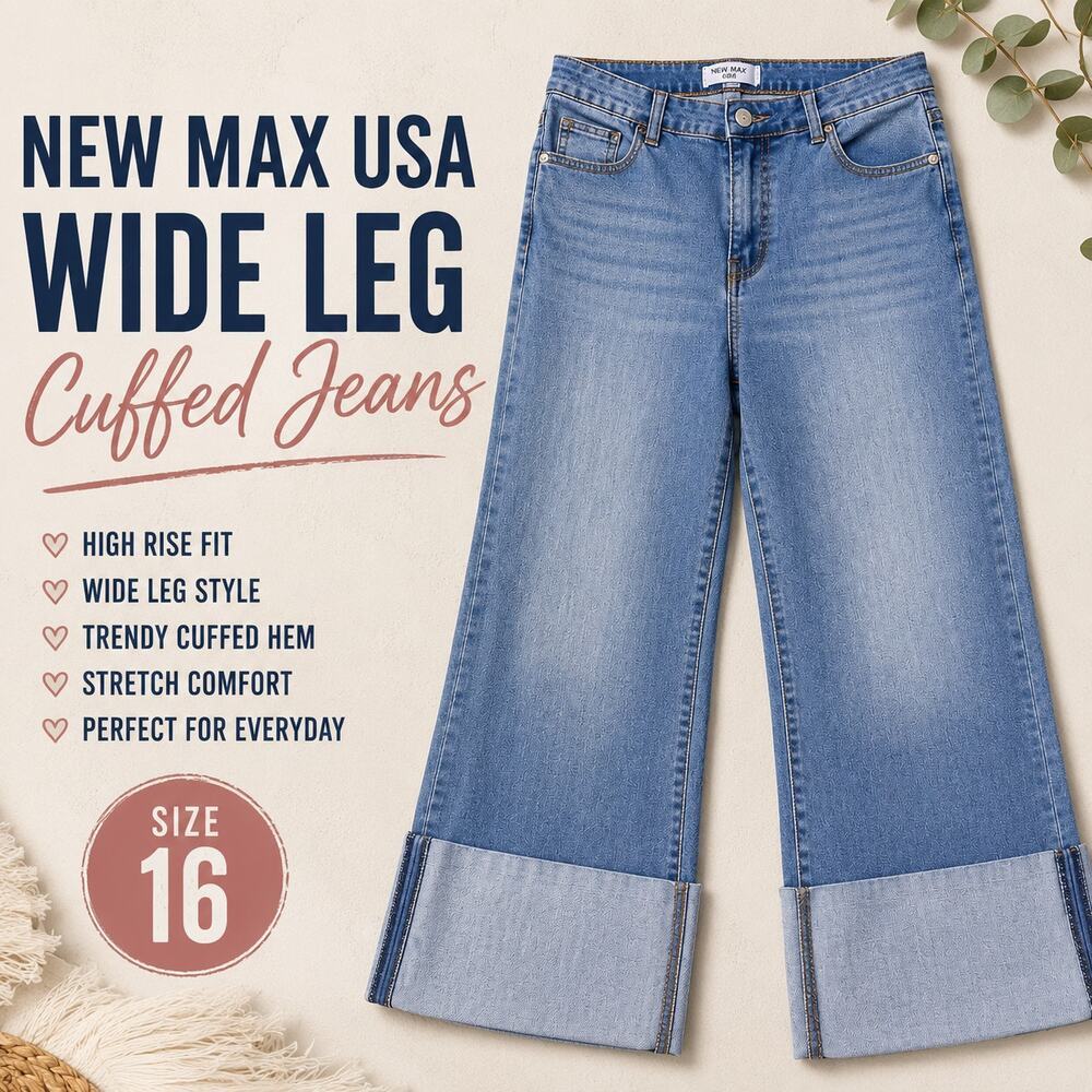 NEW MAX USA Size 16 Wide Leg Cuffed Jeans High Rise Stretch Denim